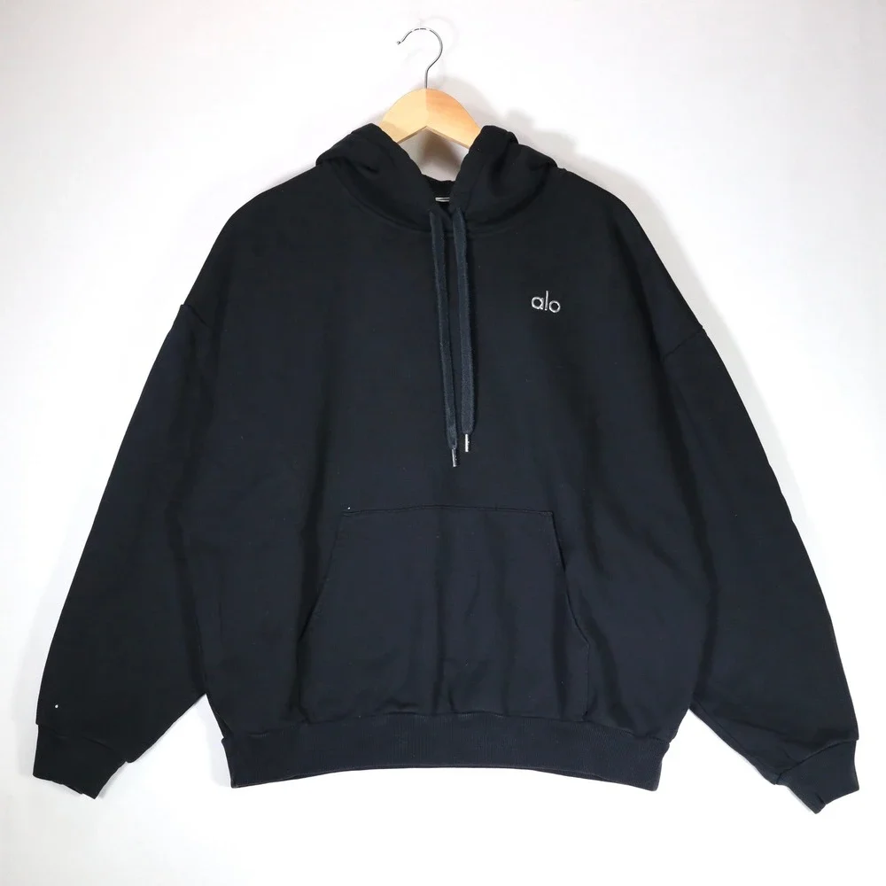 Alo Yoga Hoodie Women Black Oversized Logo Pullover Athleisure Loungewear